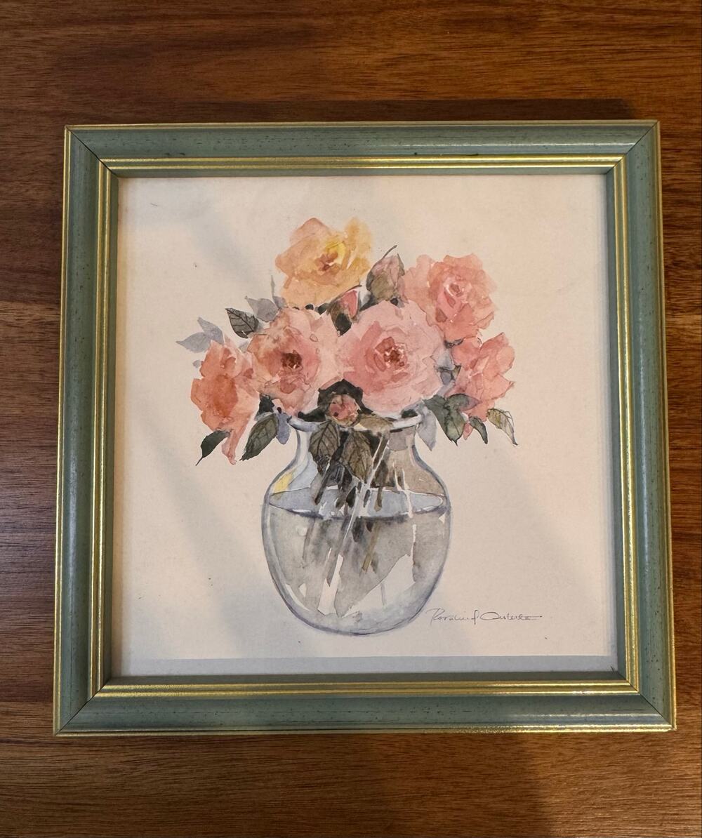 Vintage Rosalind Oesterle Floral Watercolor Print – Green & Gold Frame